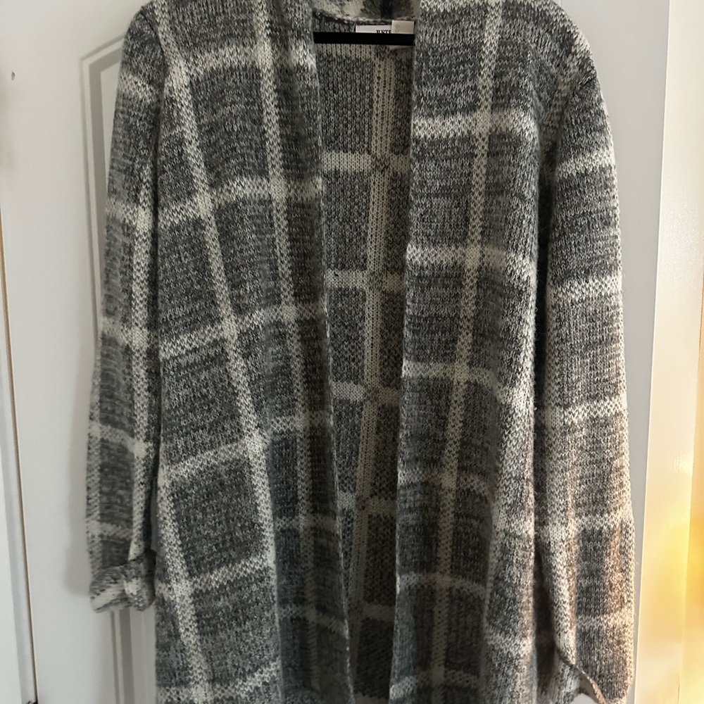 Gray and White Plaid Shrug Sweater